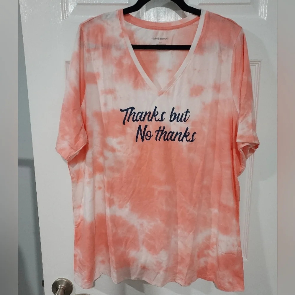 NWOT Lane Bryant Coral Tie-Dye Thanks But No Thanks V-Neck Shirt in Size 22/24